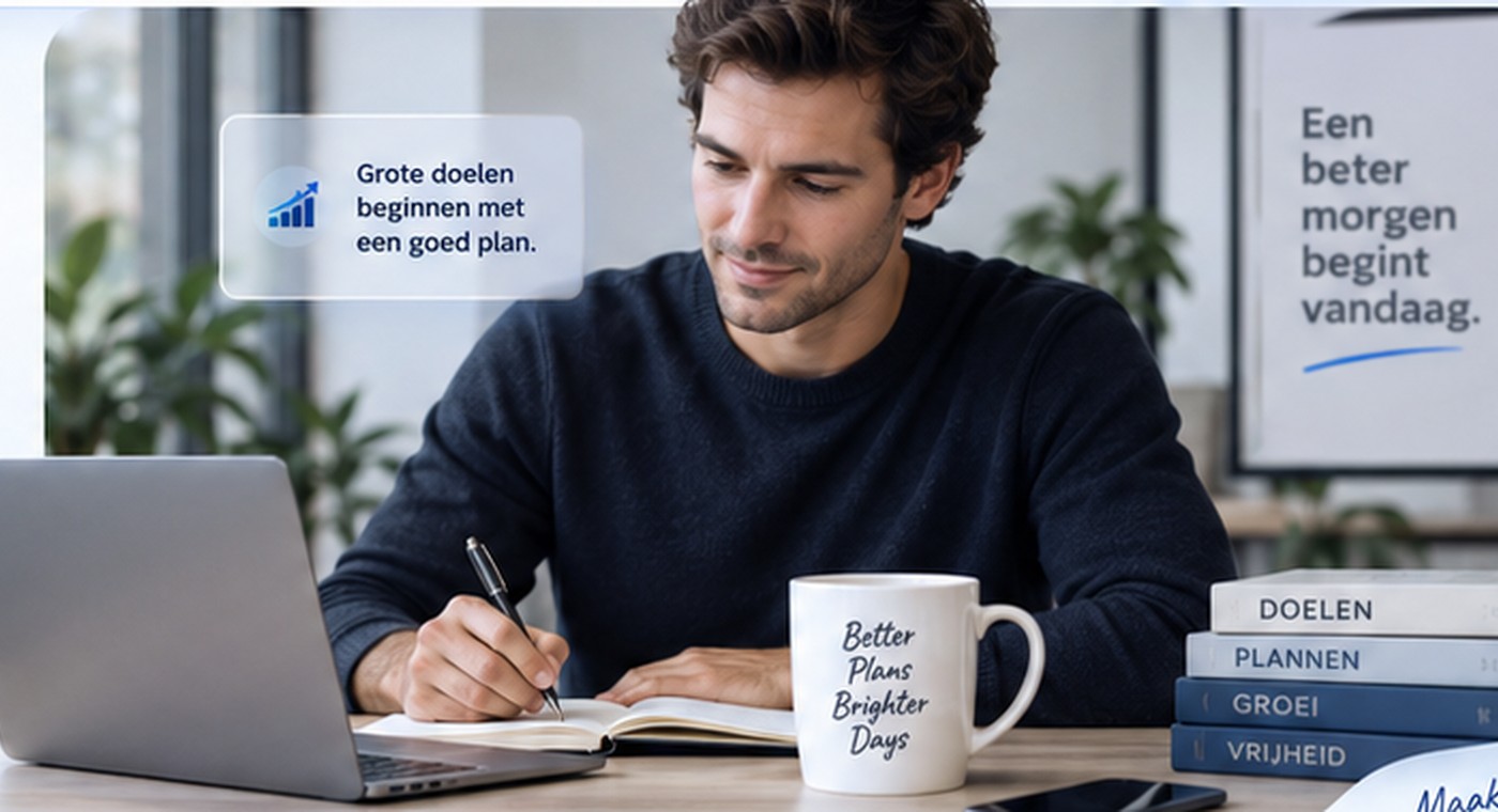 Professional die met laptop en notitieboek een concreet plan uitwerkt